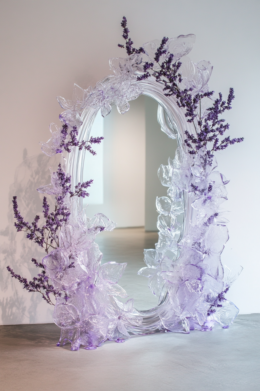 Wedding welcome mirror. Acrylic with lavender flower frame.