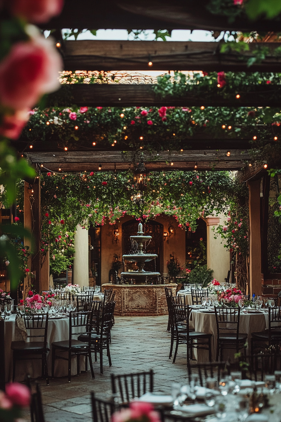 Wedding reception layout. Rose pergola with a center courtyard fountain view.