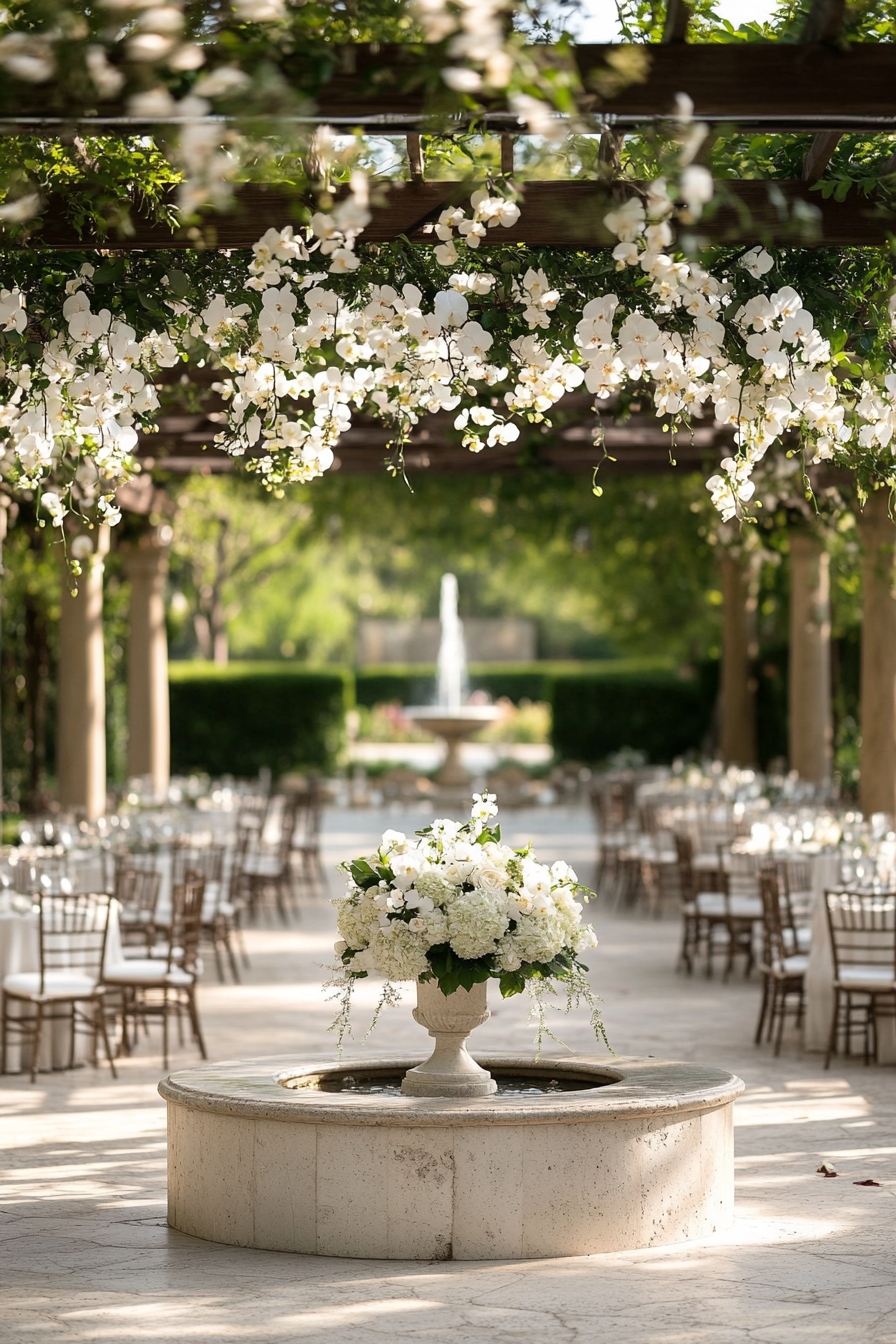 Wedding reception layout. Circular pergola adorned with white orchids overlooking a marble fountain.