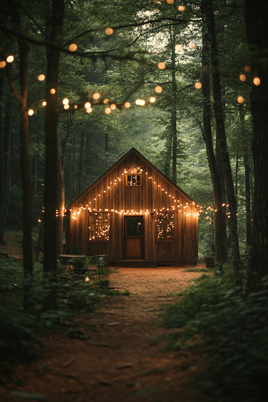 Small wedding venue concept. An open-aired barn with dangling fairy lights amidst green woodland.