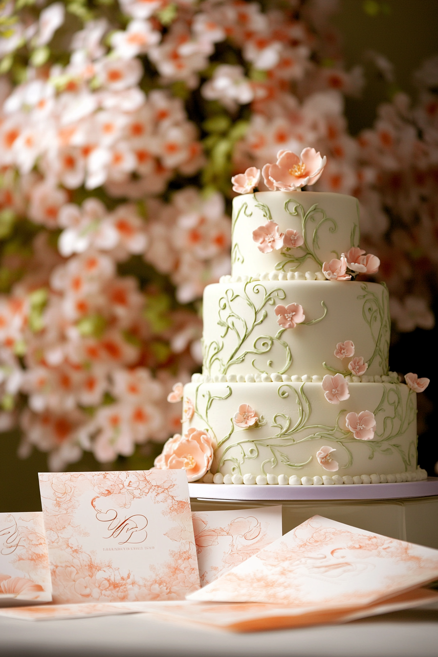 Wedding cake and stationery. Pastel floral cake with swirling vines-patterned invites.