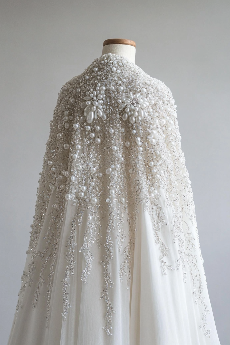 Wedding cape. Shimmering white, encrusted with pearls and ice crystal details.