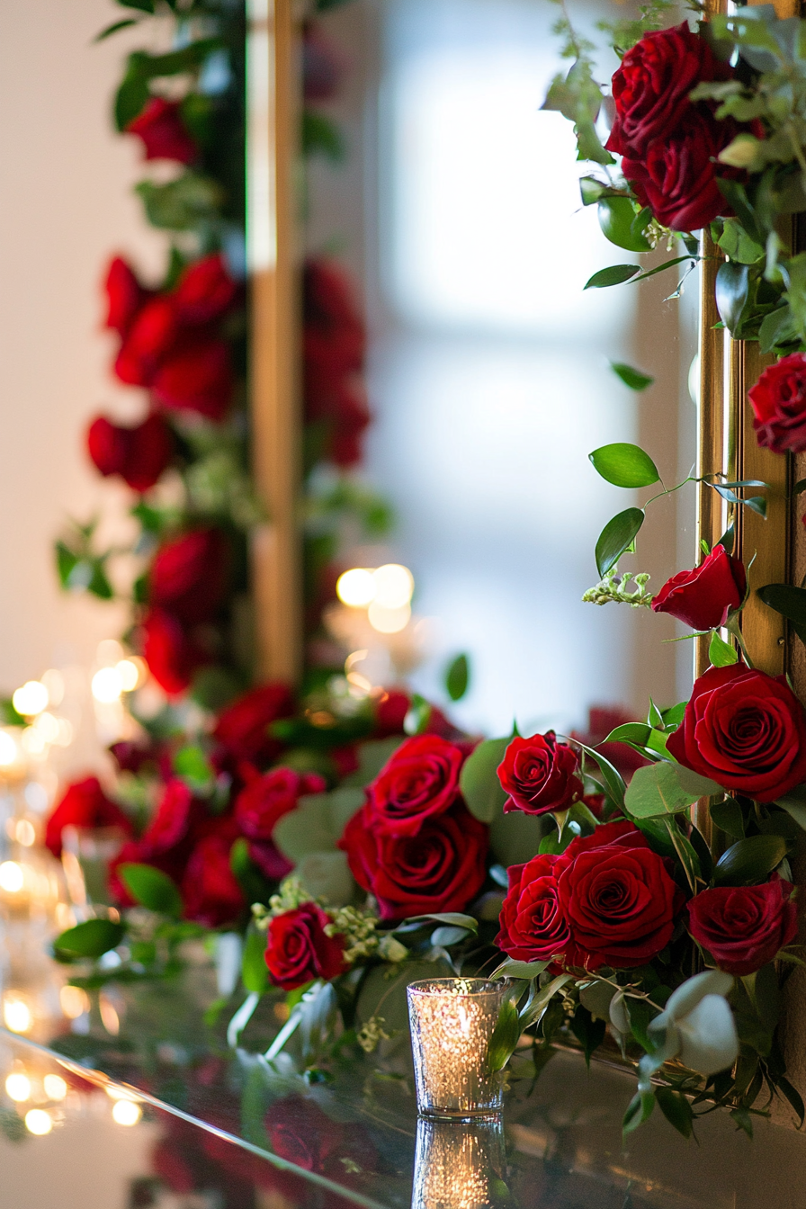 Wedding welcome mirror. Acrylic mirror with red floating rose frame.