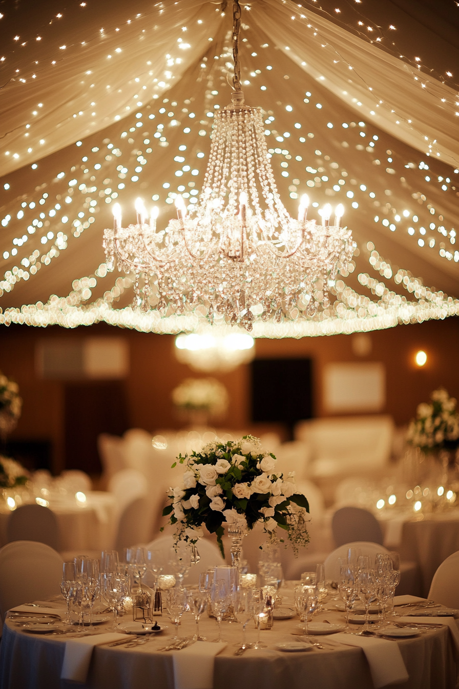 Wedding reception decoration. Crystal chandelier entwined with fairy light embellished vine canopy.