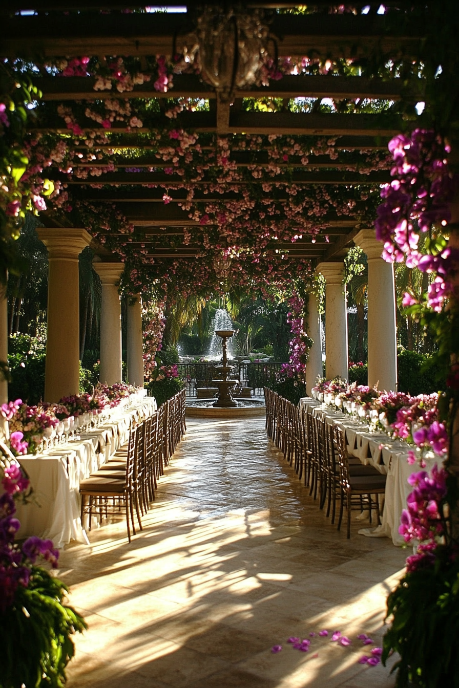 Wedding reception layout. Orchid-strewn pergola, central fountain vista.