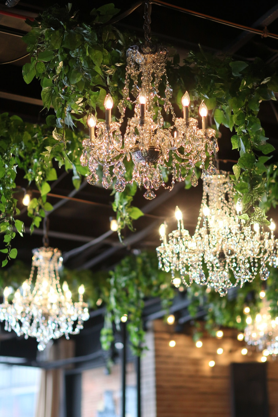 Wedding reception decor. Crystal chandeliers entwined with leafy vine light canopies.