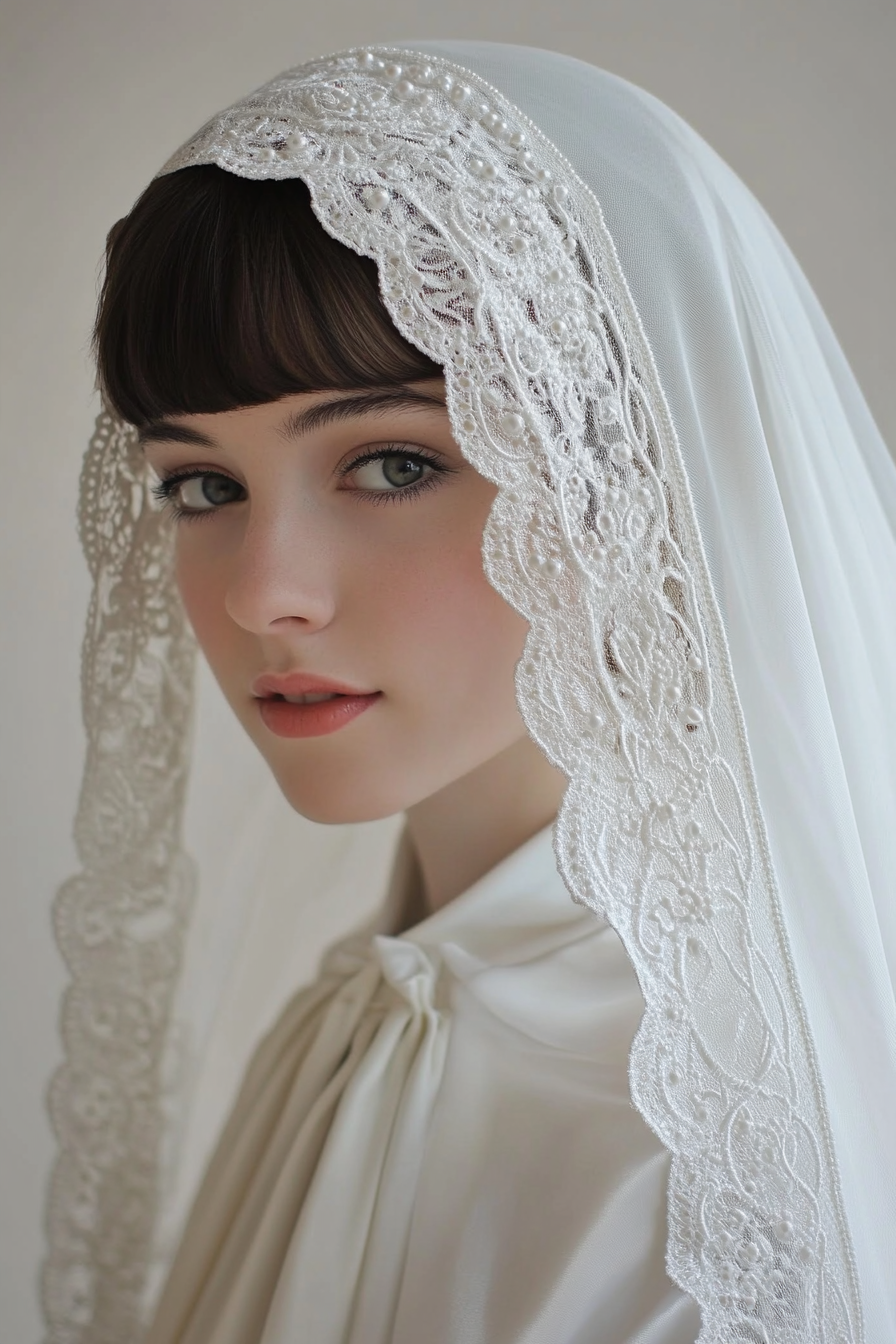 Wedding veil. Cathedral length, pearl-dotted lace edges in silky white.