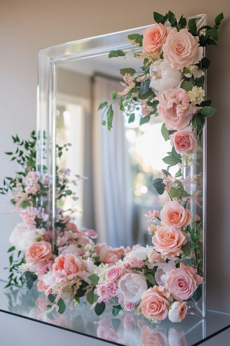 Wedding welcome mirror. Acrylic glass with floating rose frame in pastel pinks.