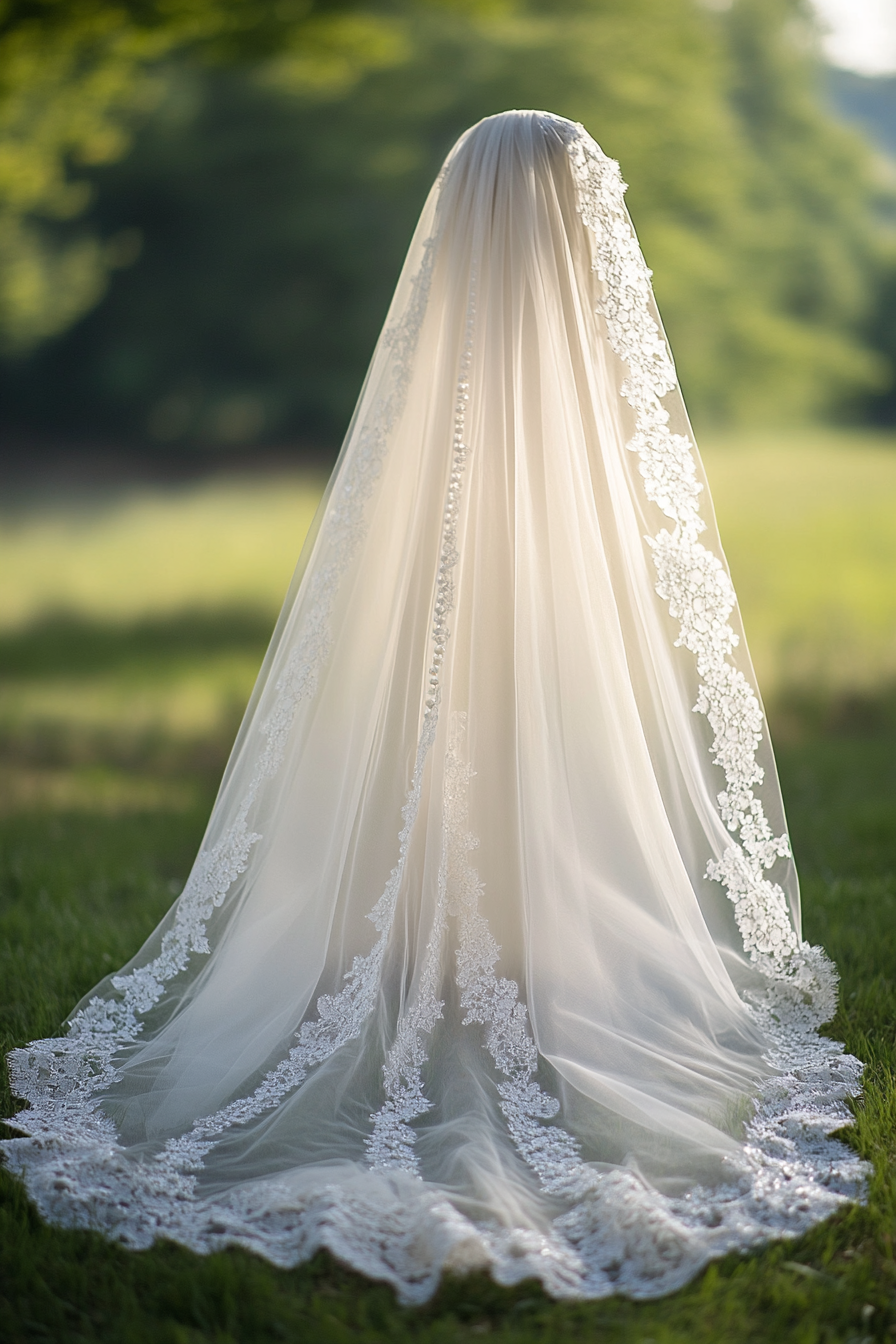 Cathedral length wedding veil. Ivory with pearl-dotted lace edges.