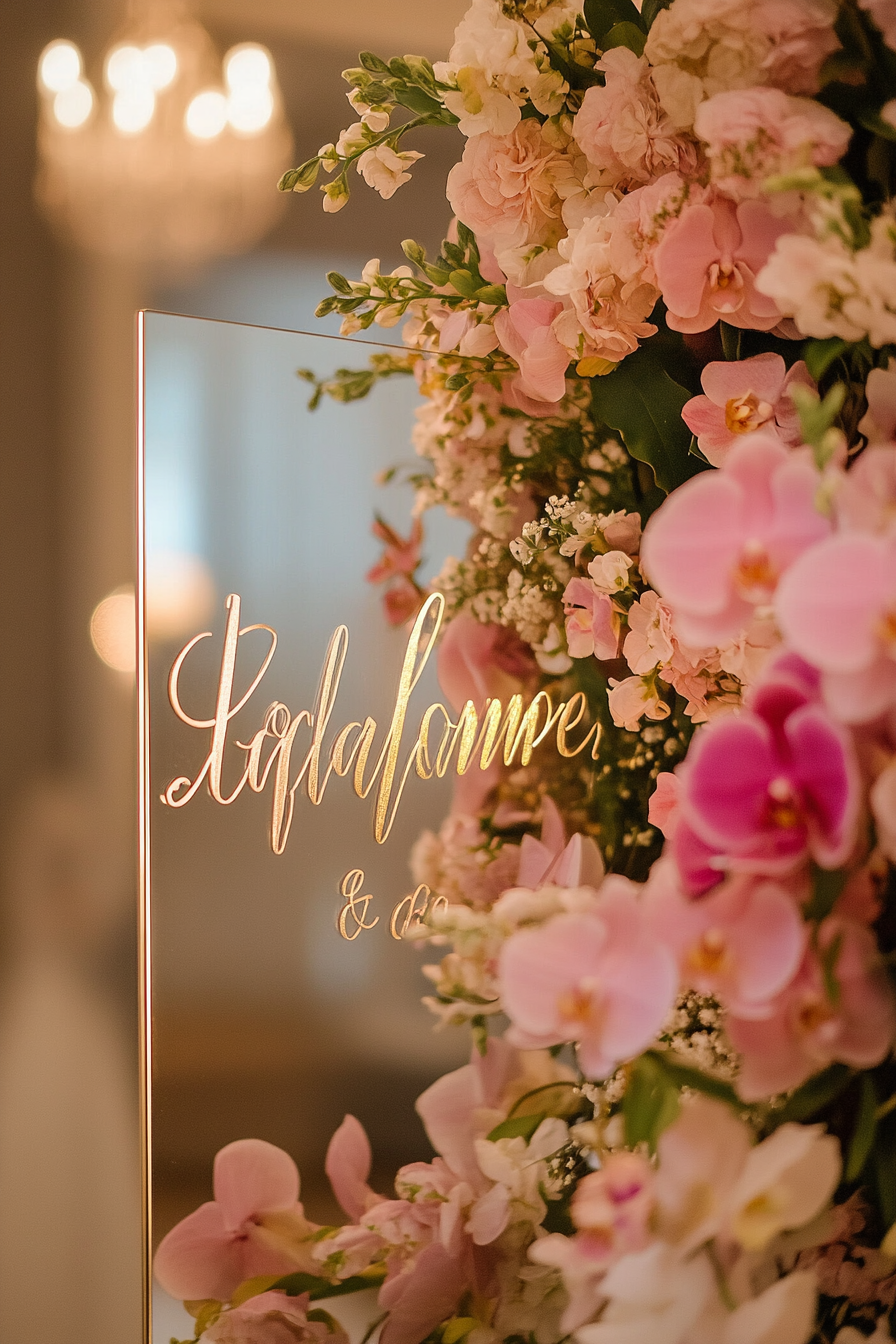 Wedding welcome mirror. Acrylic rectangle, bolded gold letters, floating orchid frame.