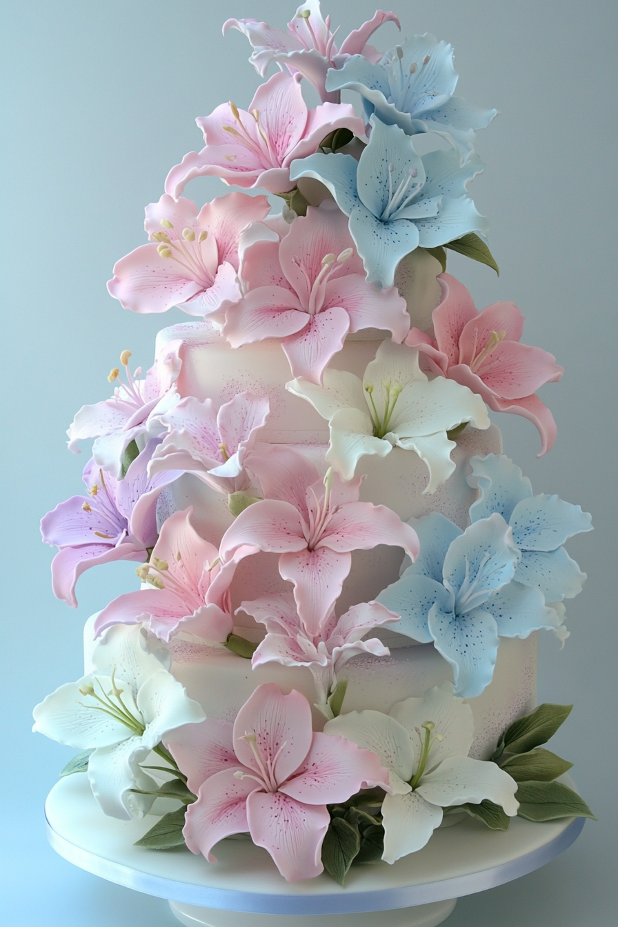 Wedding cake and stationery. Cotton candy hues with pastel lilies.