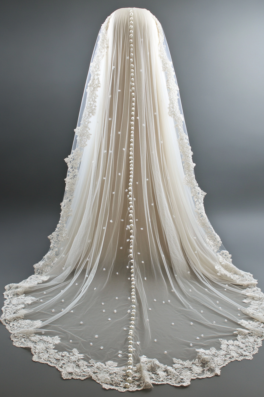 Cathedral length wedding veil. Soft tulle with pearl-dotted lace edges.