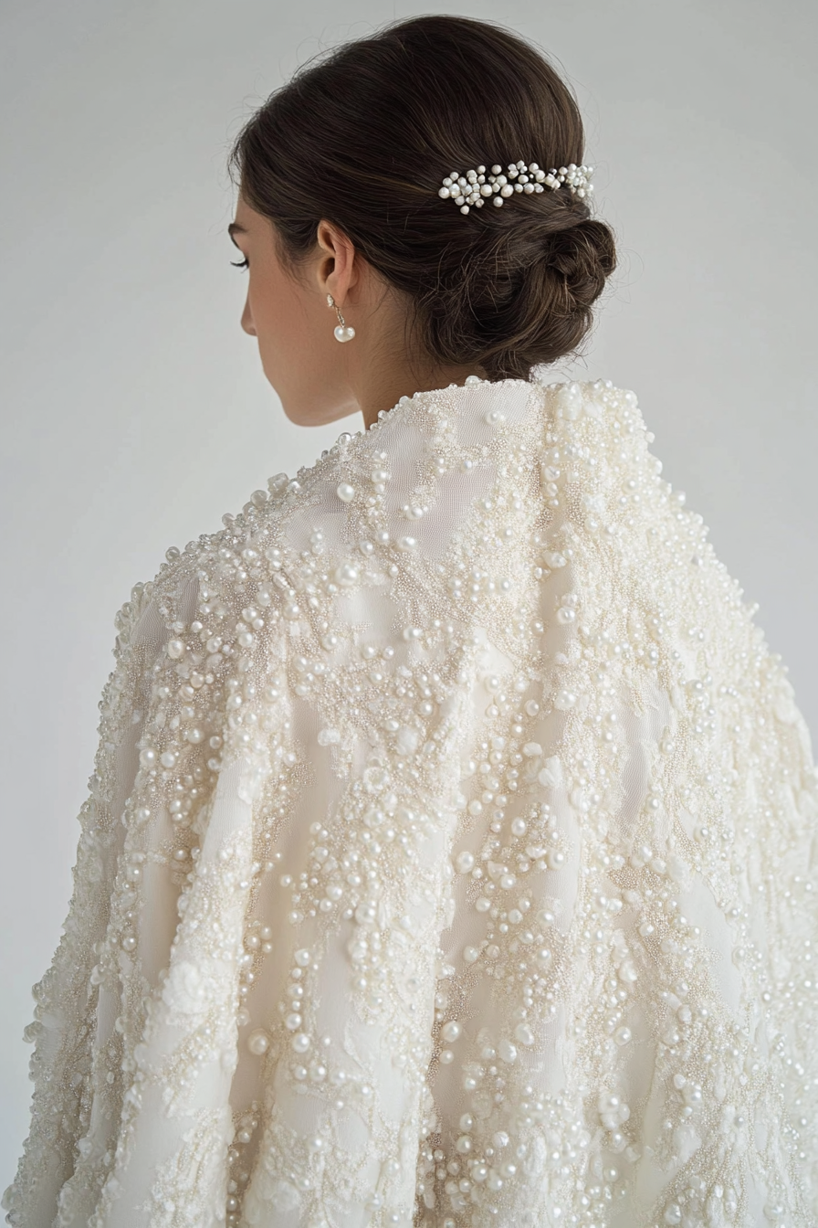 Wedding cape. Shimmering white with pearl-encrusted ice crystal pattern.