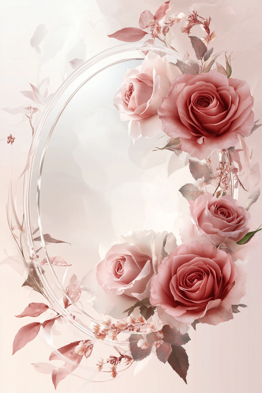 Wedding welcome mirror. Acrylic, oval-shaped with roses in floating frame.