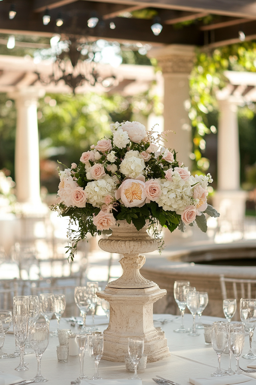 Wedding reception layout. White pergola with blush flowers, overlooking an antique limestone fountain.