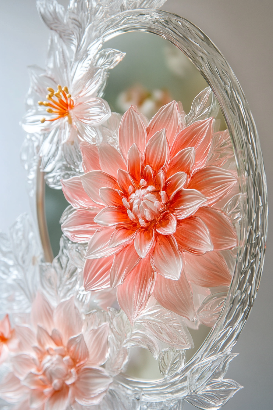 Wedding welcome mirror. Acrylic surface, oval frame, dahlia and lily floating layout.