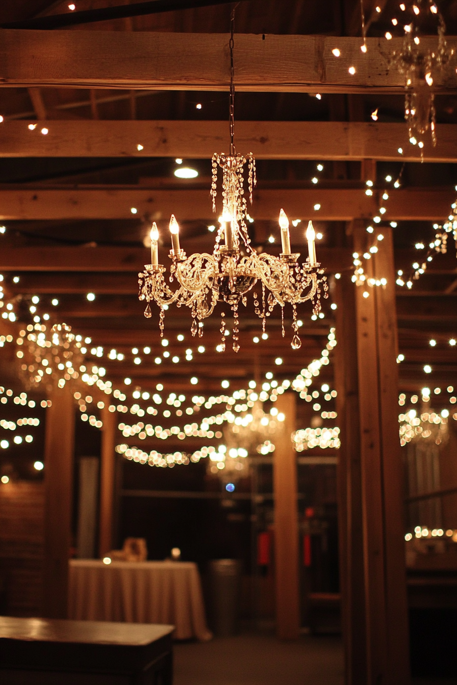 Wedding reception decoration. Rustic vine light canopy with fairytale chandeliers.