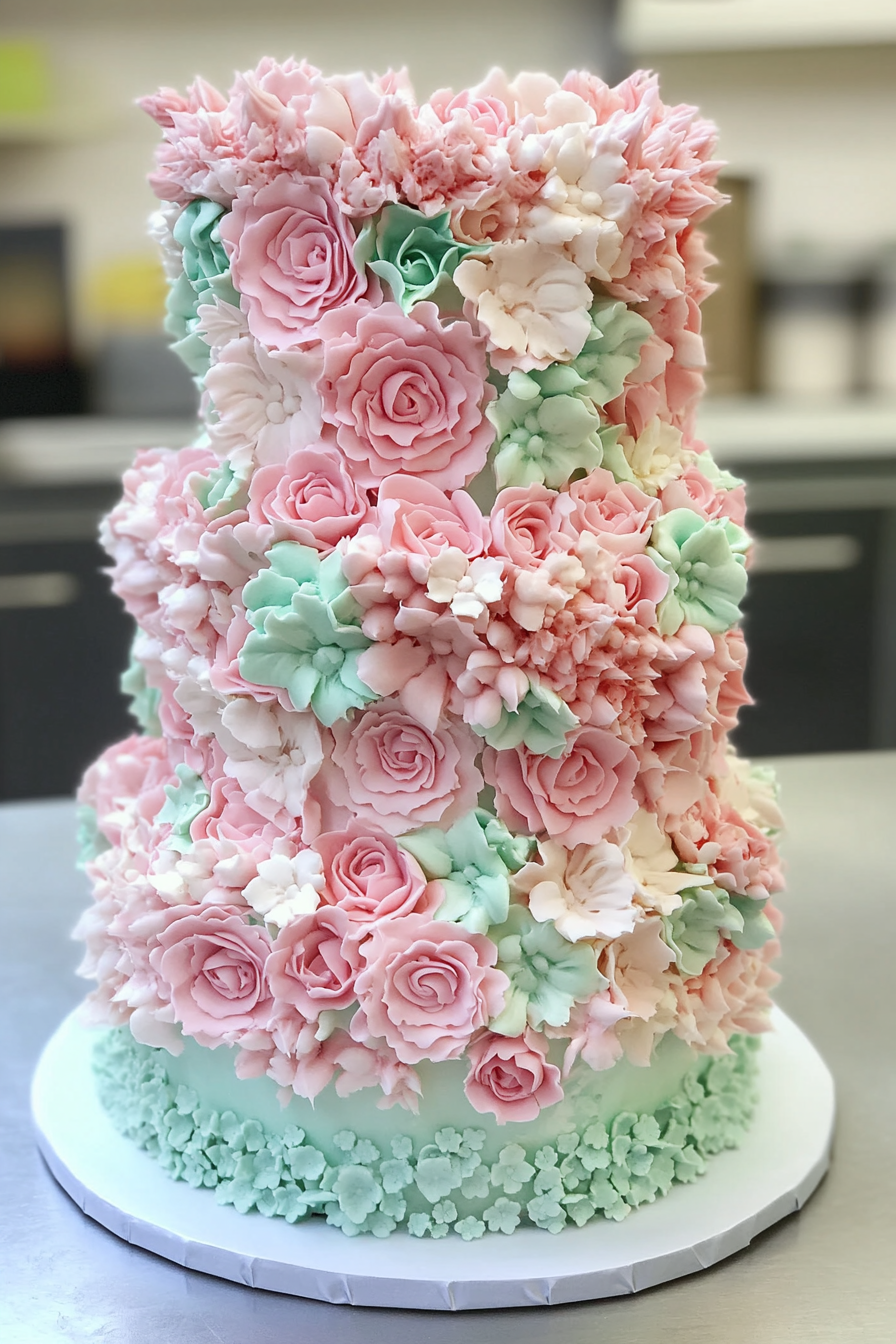 Wedding cake. Pastel pink flowers with mint green icing detail.