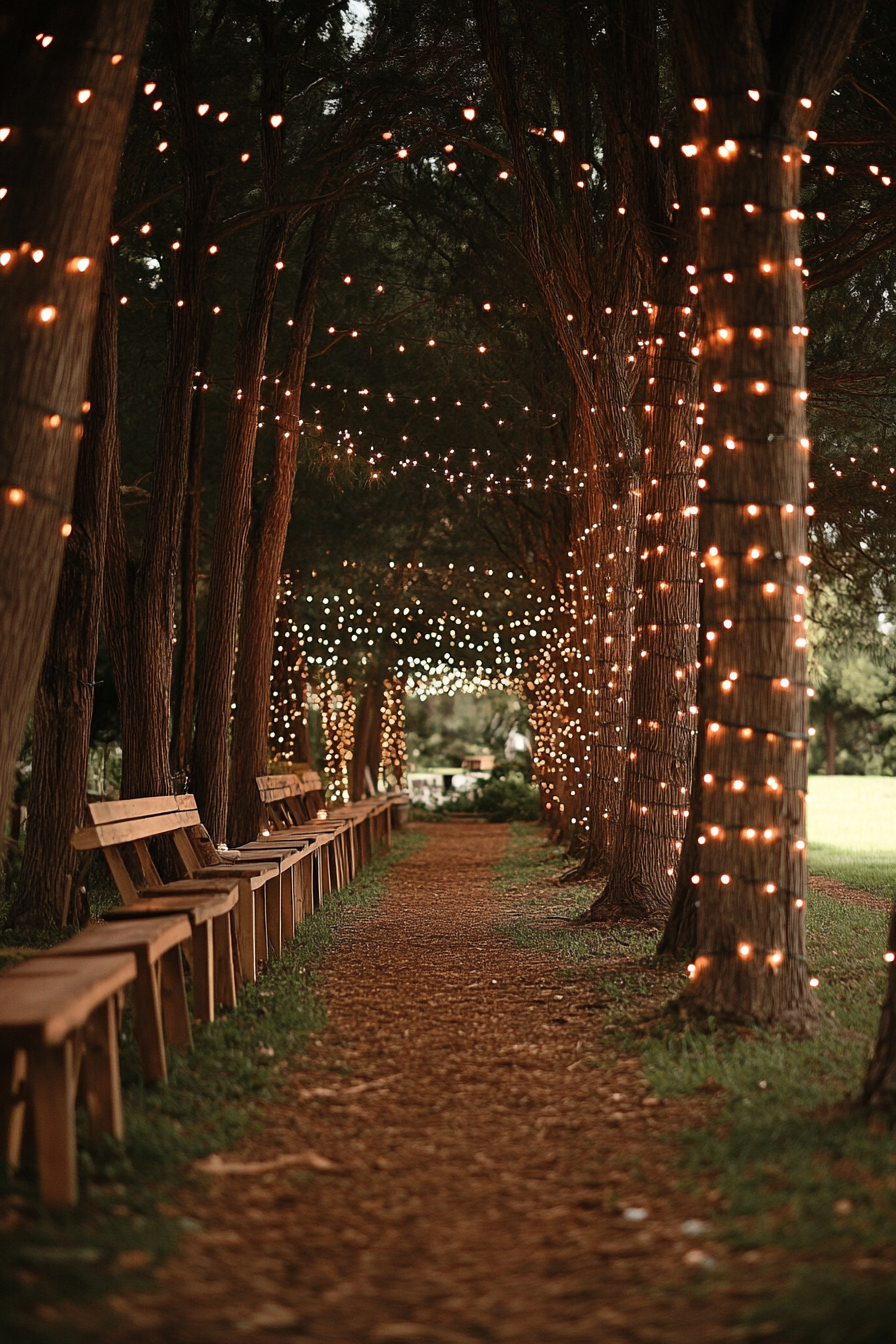 Small wedding venue concept. Maple tree grove with fairy lights.