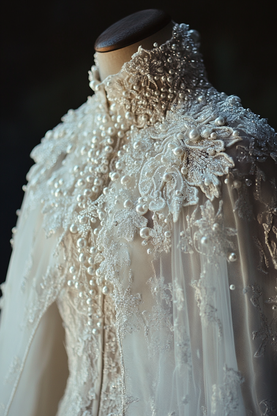 Wedding cape. Shimmering white with pearl-encrusted ice crystal details.