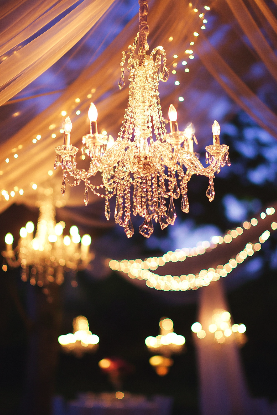 Wedding reception lighting. Sparkling crystal chandeliers intertwined with vinous light canopies.