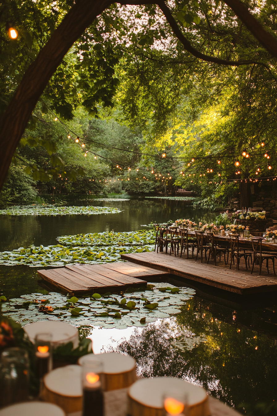 Small wedding venue concept. Floating platforms over lily pond.