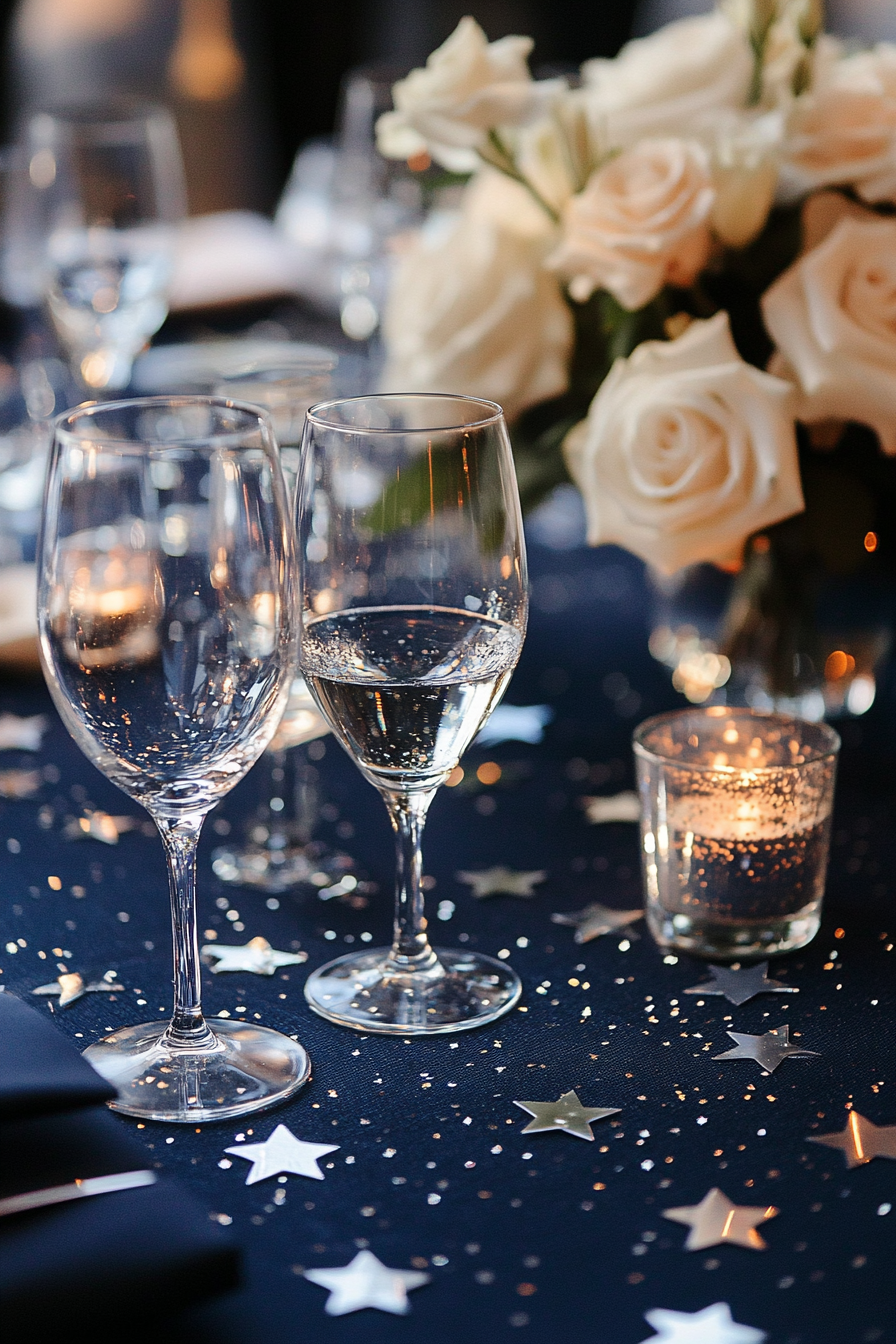 Wedding table. Midnight blue tablecloth with silver star-shaped confetti.