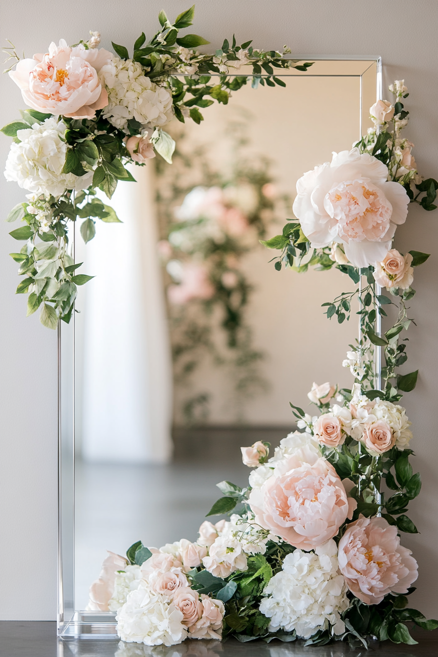 Wedding welcome mirror. Acrylic rectangle with floating circular peony frame.