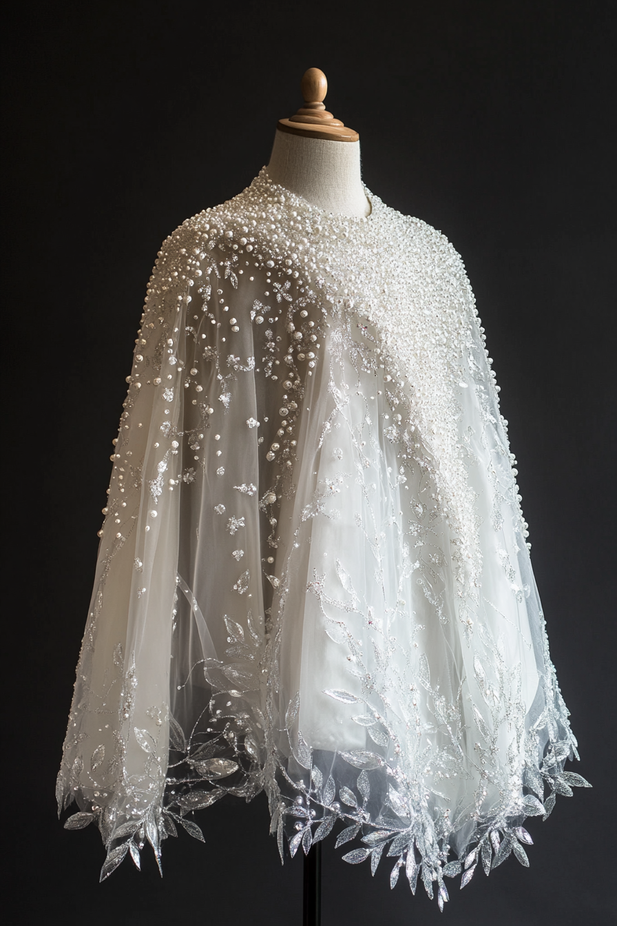 Wedding cape. Shimmering white with pearl-encrusted ice crystal details.