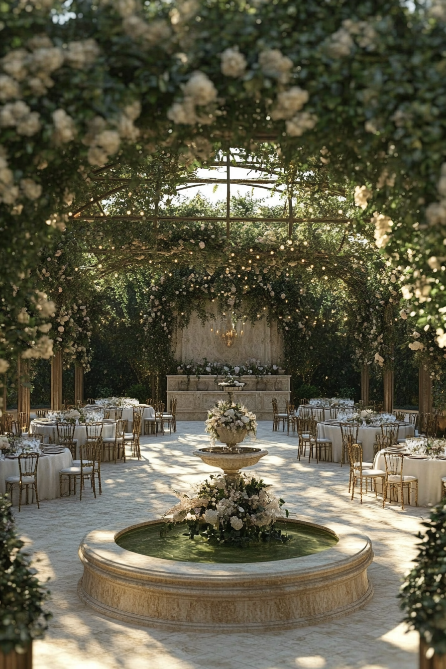 Wedding reception layout. Blooming pergola by a marble fountain view.