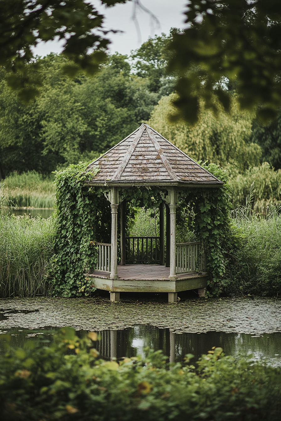 Small wedding venue. Lakeside gazebo entangled in wild ivy.