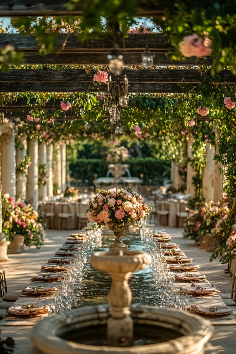 Wedding reception layout. Blooming pergola overlooking marble fountain.