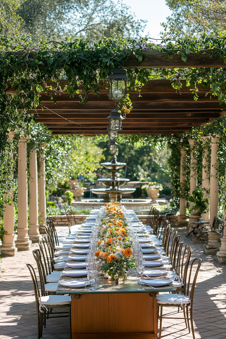 Wedding reception layout. Blooming pergola, rectangular placement, garden fountain view.