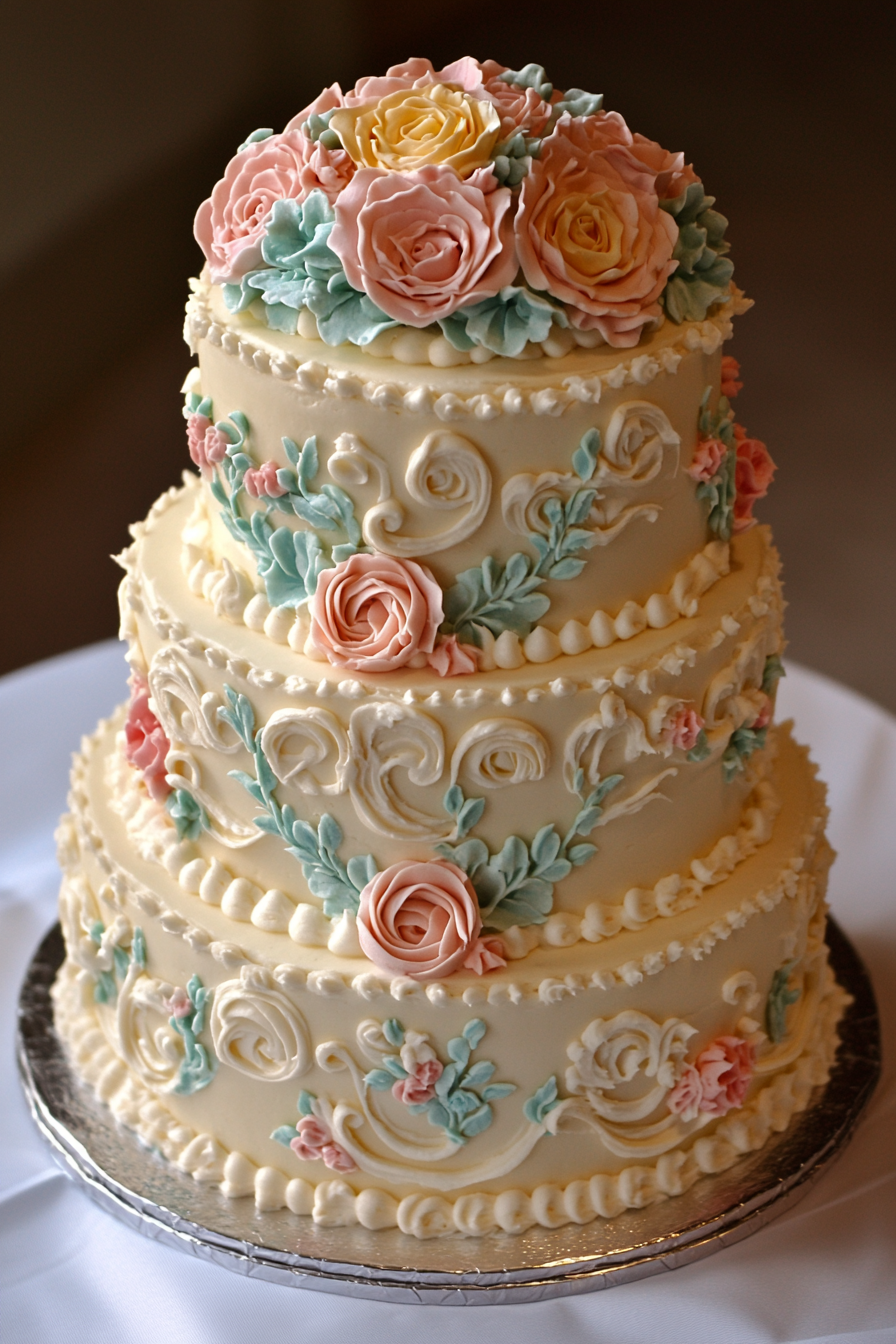 Wedding cake. Vanilla frosted with pastel floral designs.