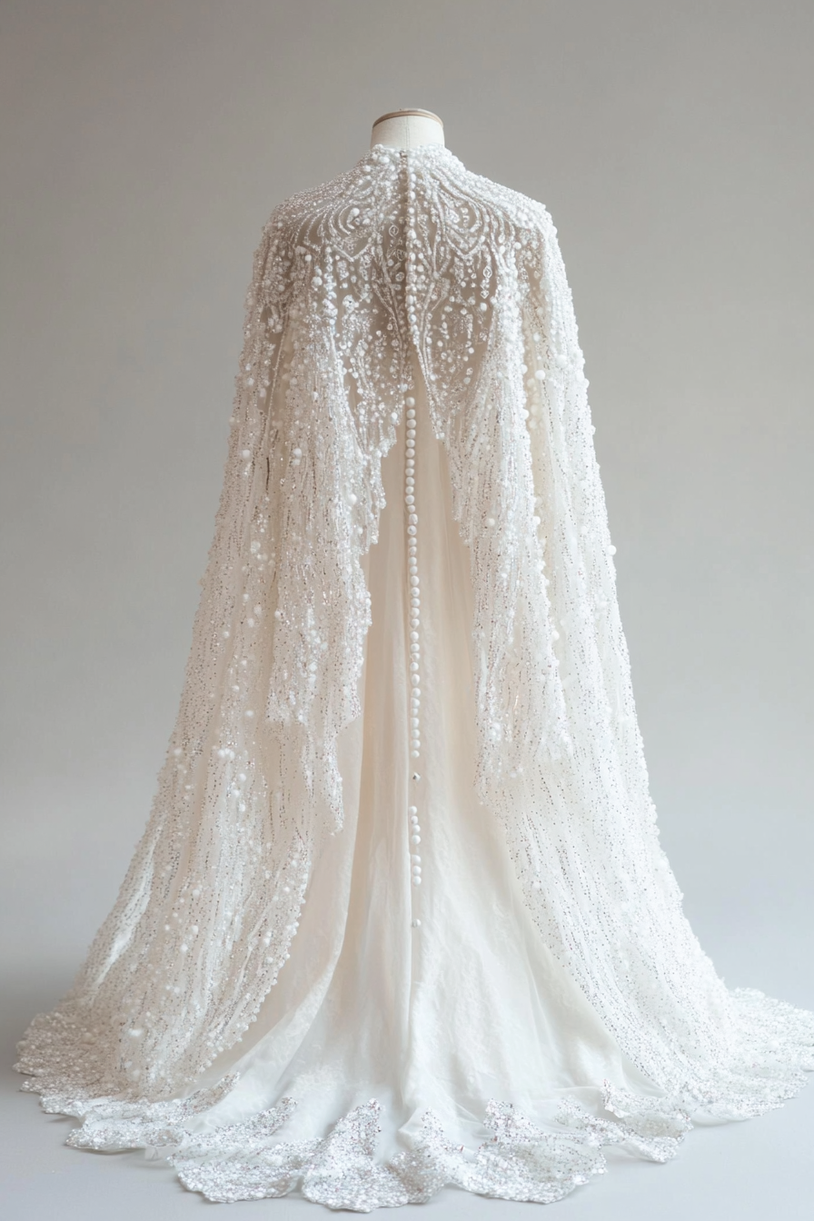 Wedding cape. Shimmering white with pearl-encrusted ice crystal details.