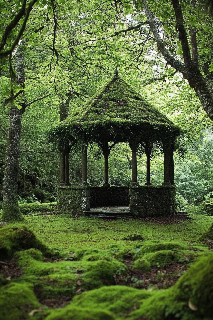 Small wedding venue. Vine covered gazebo in mossy woodland.