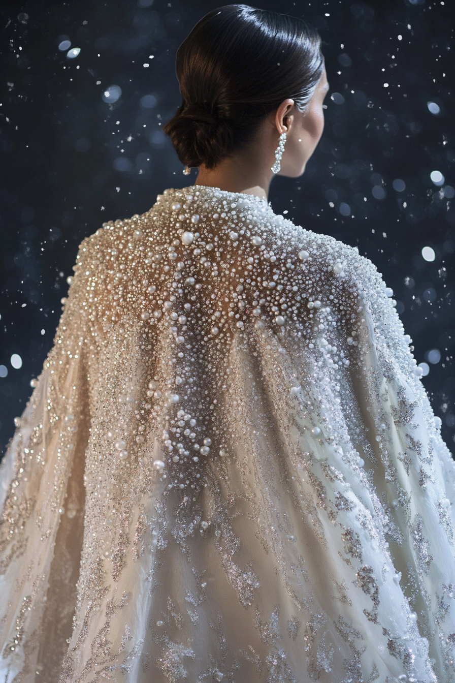 Wedding cape. Shimmering white with pearl-encrusted ice crystal details.