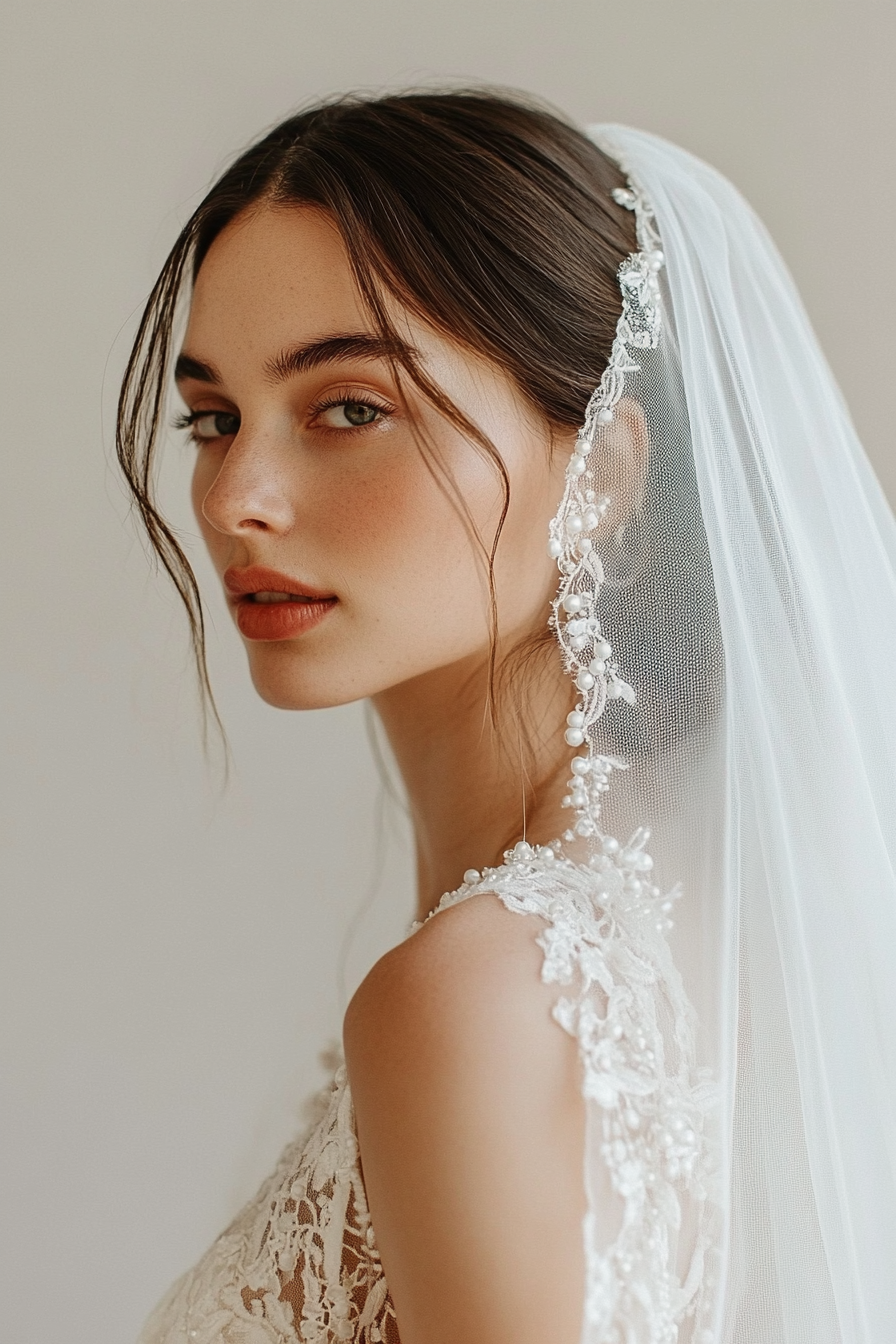 Cathedral-length wedding veil. Exquisite point d'esprit lace saturated with glistening pearls.