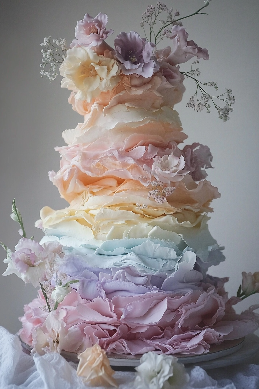 Wedding cake with pastel floral frosting and ethereal multicolor layers.