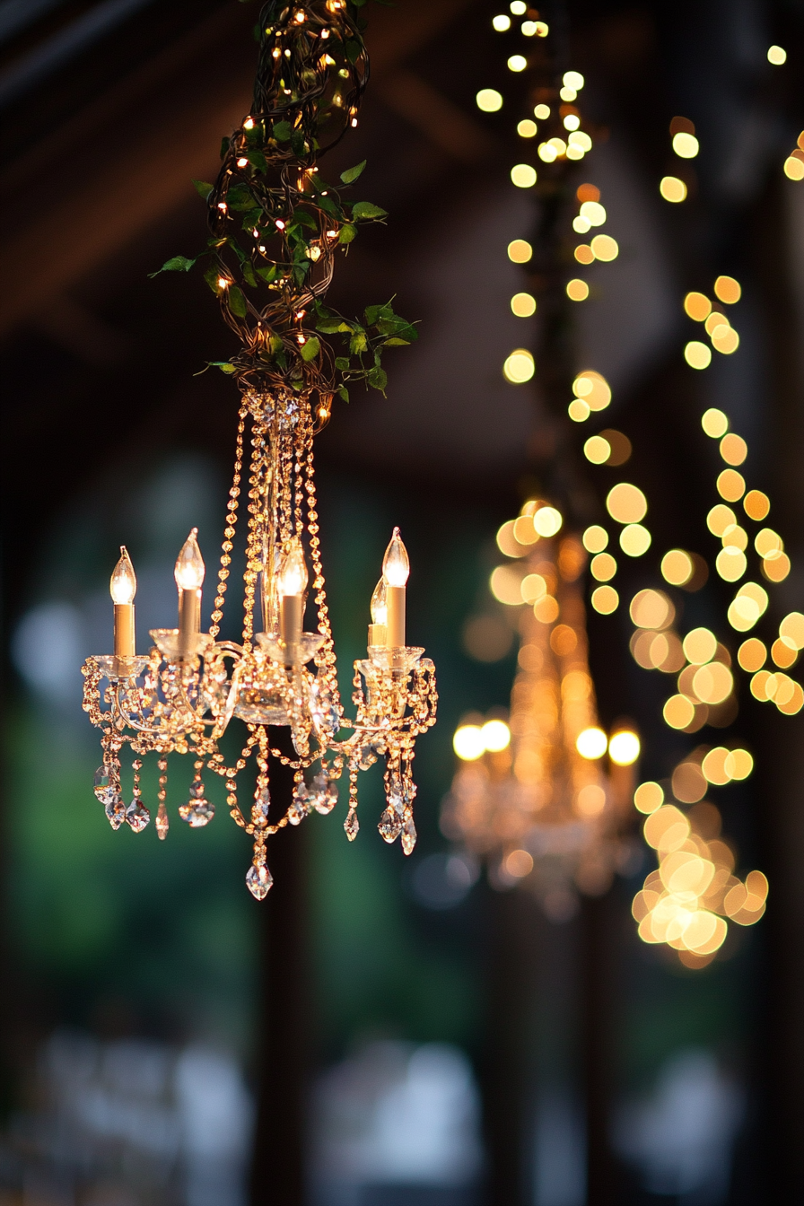 Wedding reception decoration. Crystal chandeliers wrapped in twisted vine fairy lights.