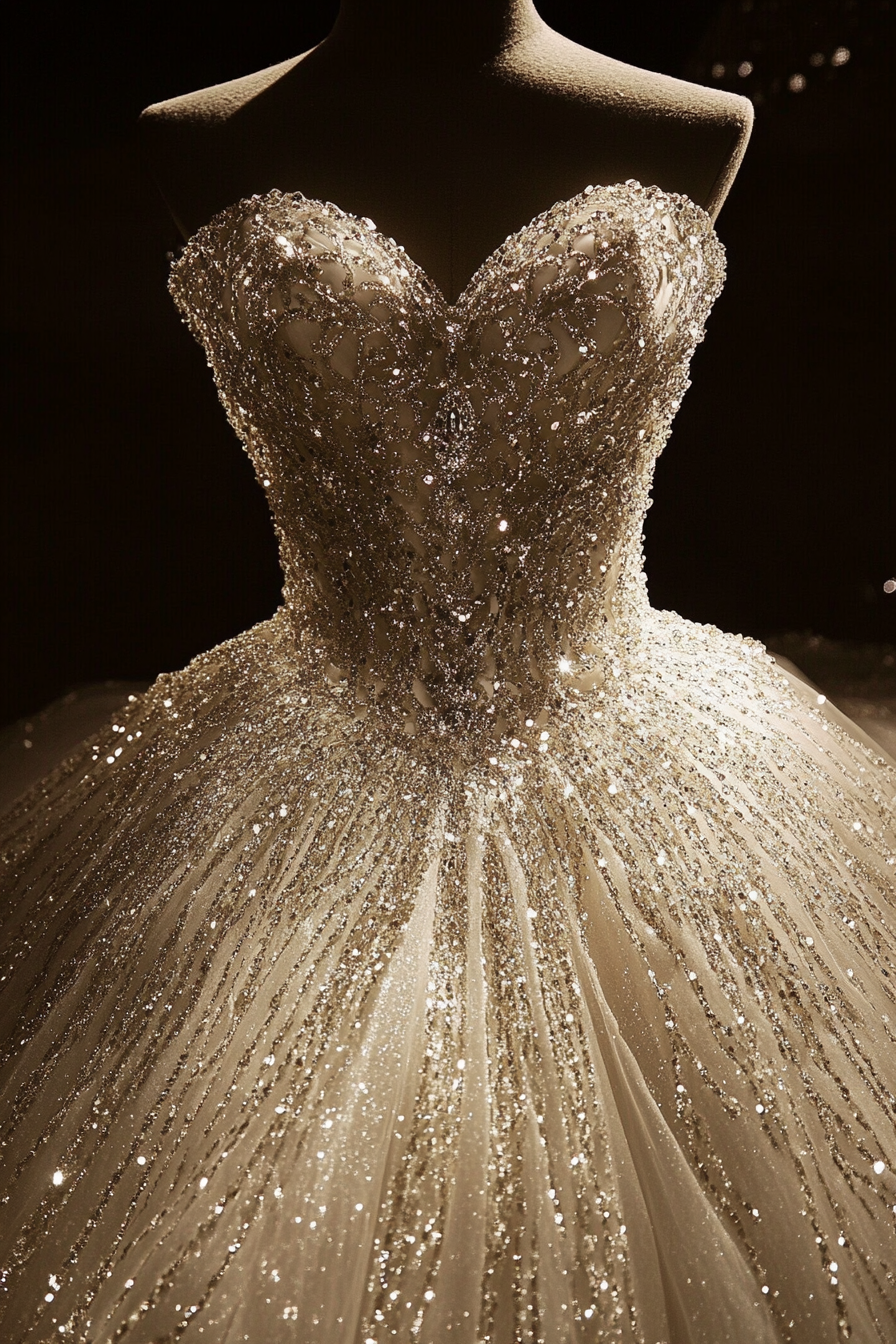 Ballgown. Glittering tulle, crystal-draped bodice, cathedral train.