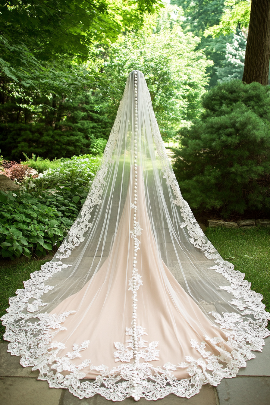 Cathedral length wedding veil. Pearl-dotted lace edges with blush undertones.