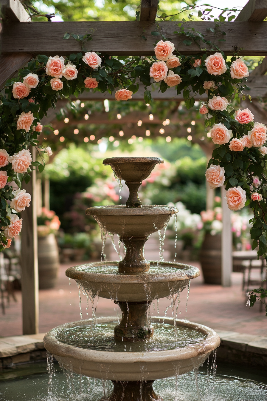 Wedding reception layout. Pergola adorned with roses framing a tiered water fountain.