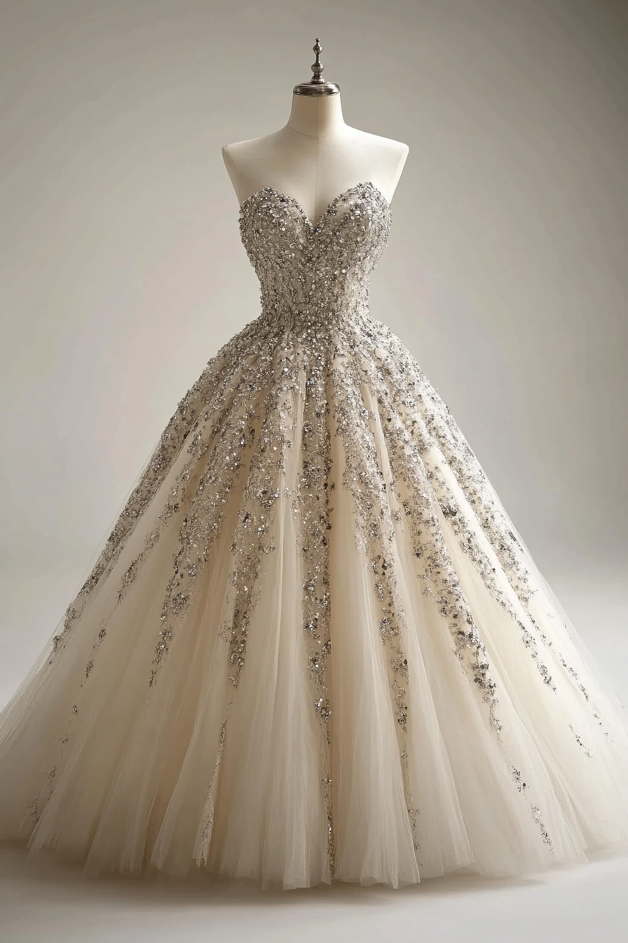 Wedding ballgown. Glittering tulle with crystal-draped bodice.