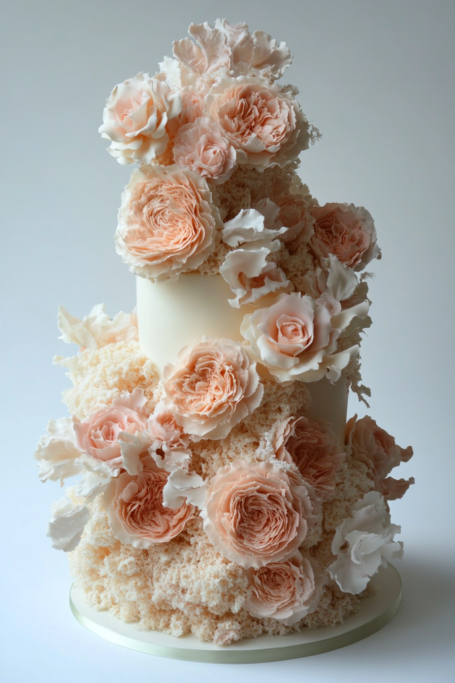 Wedding cake. Pastel rose bouquets with coconut-shaving texture.