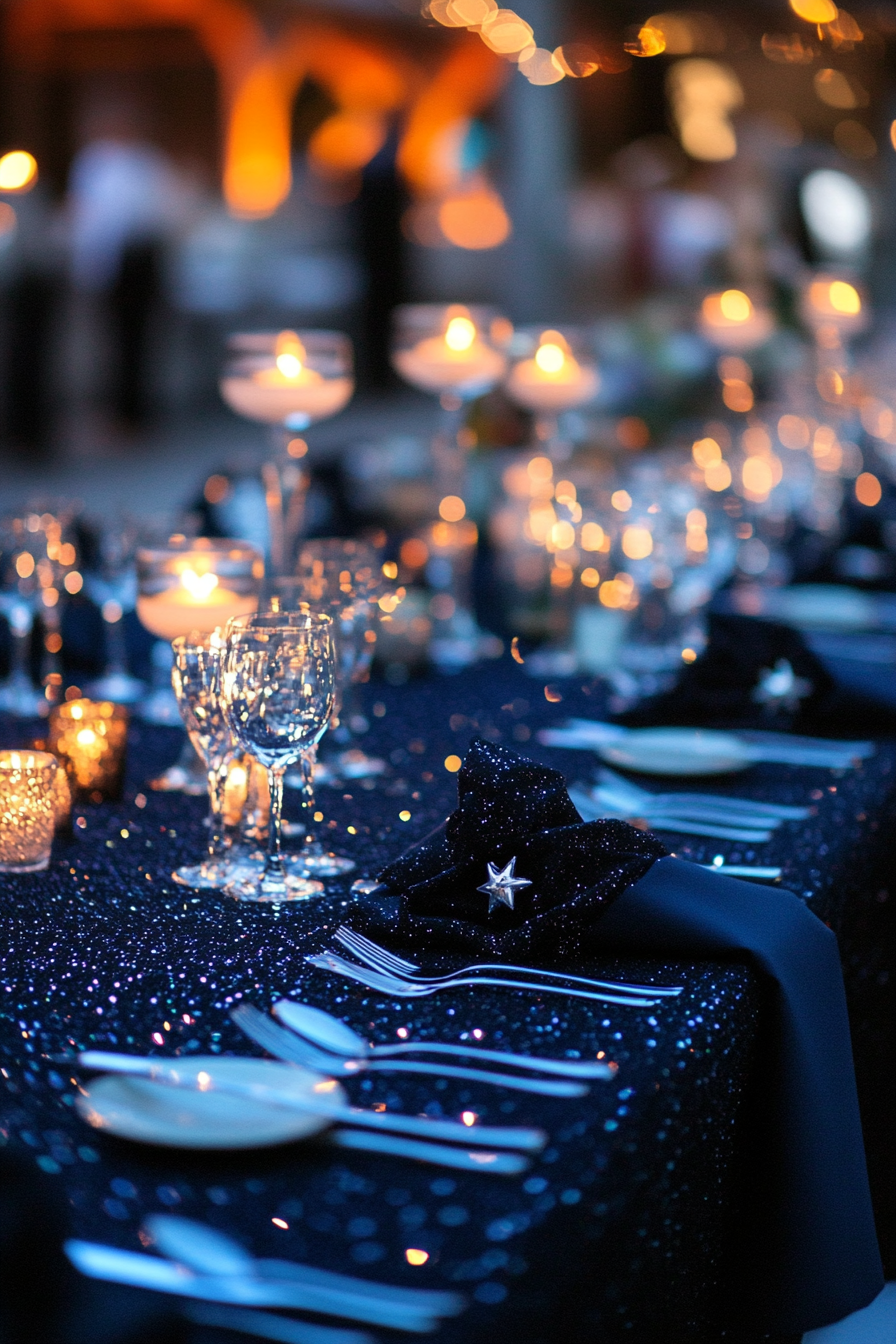 Wedding table. Midnight blue tablecloth with star-scattered silver centerpieces.