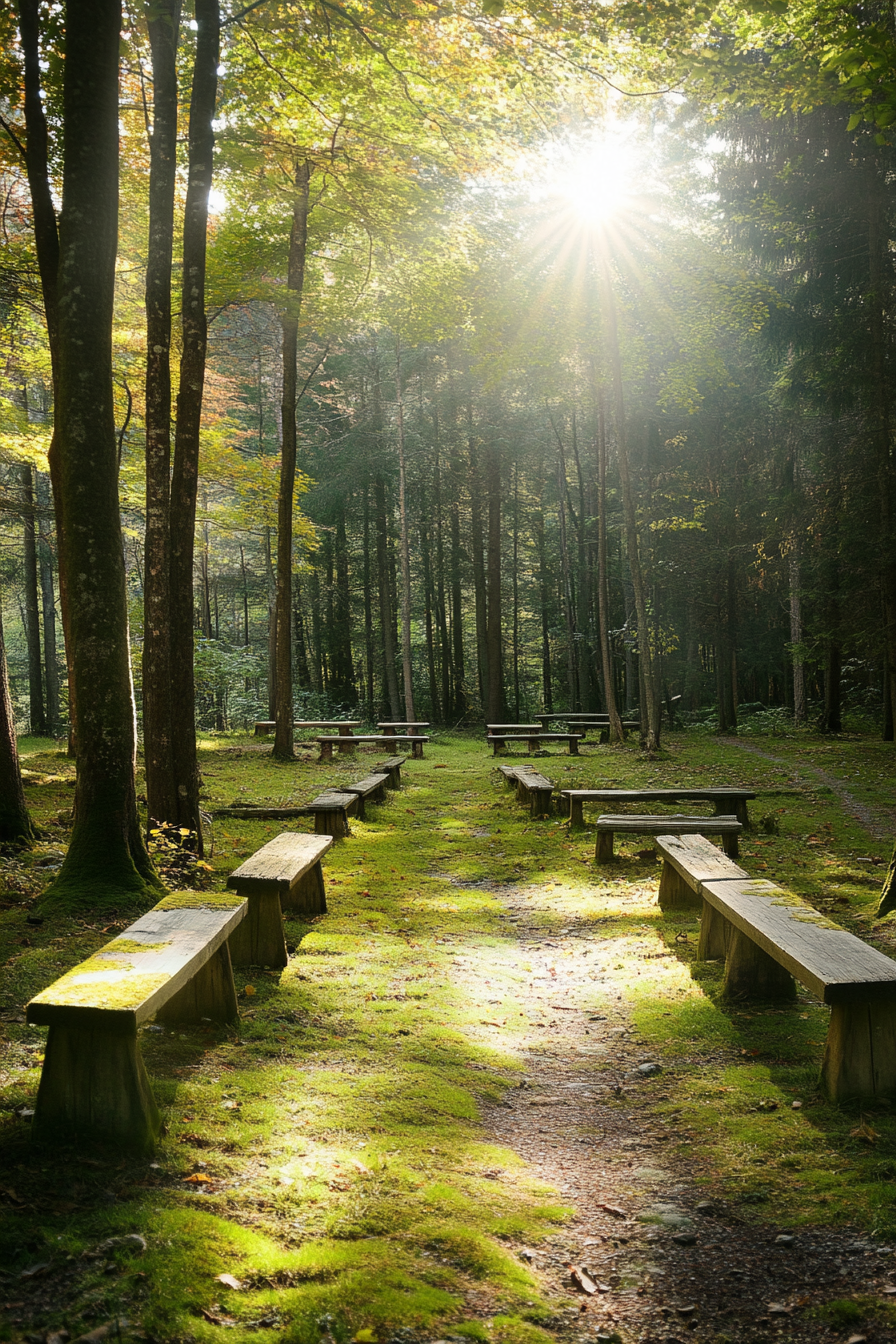 Small Wedding Venue Concept. Sunlit forest clearing with moss-covered wooden benches.