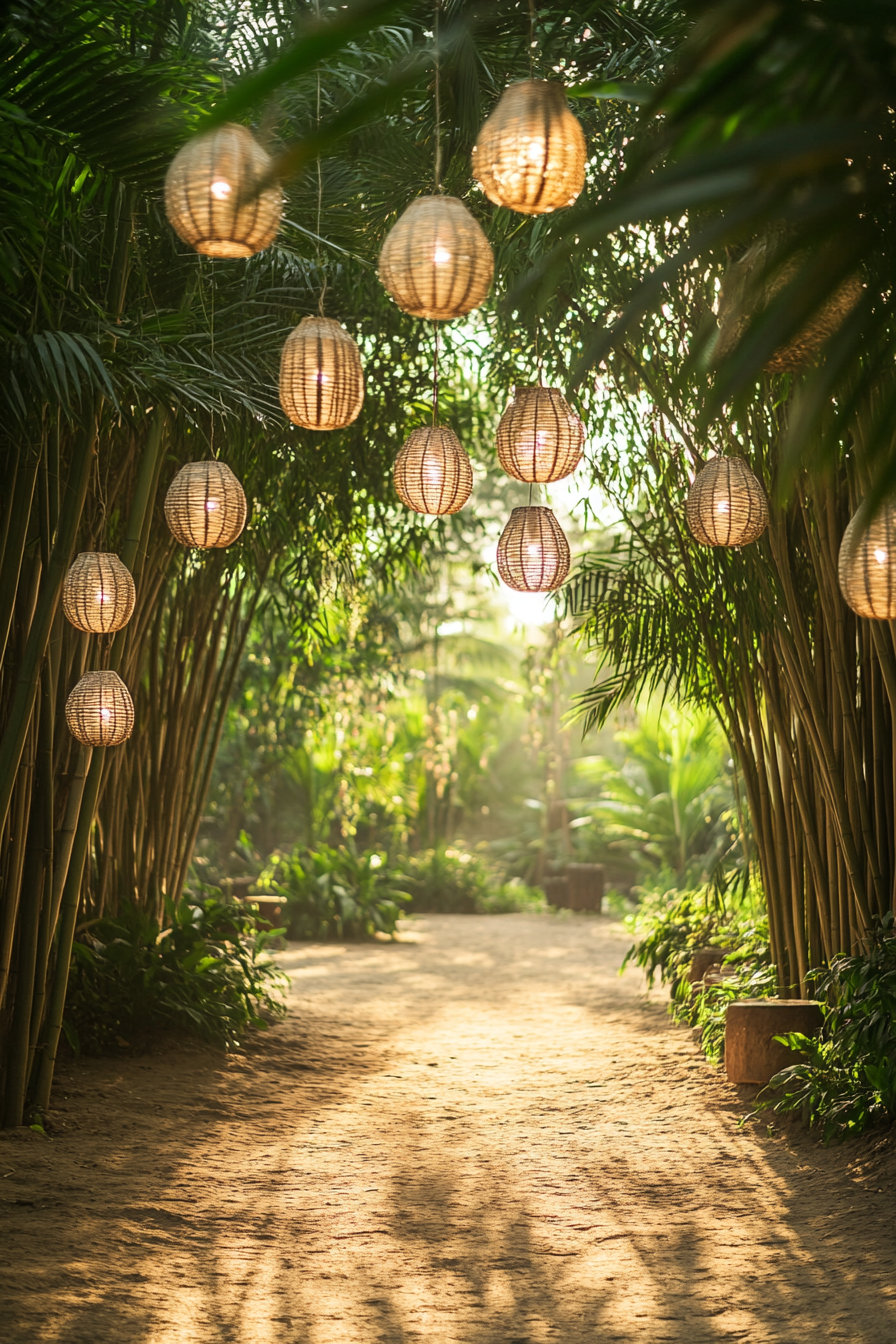 Small wedding venue concept. Bamboo grove with hanging lanterns.