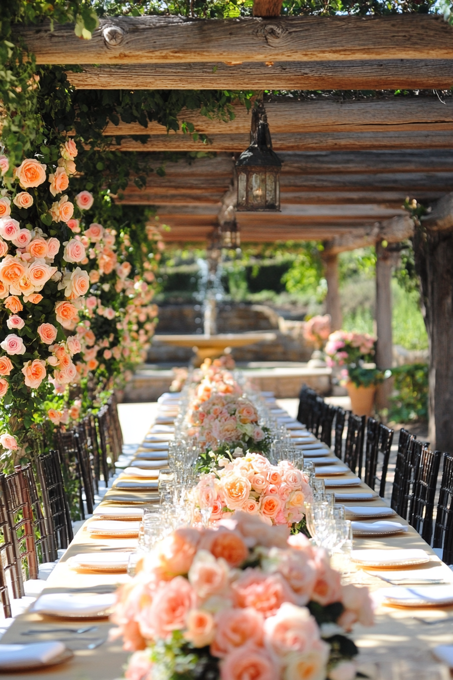 Wedding reception layout. Peach roses pergola with fountain view.