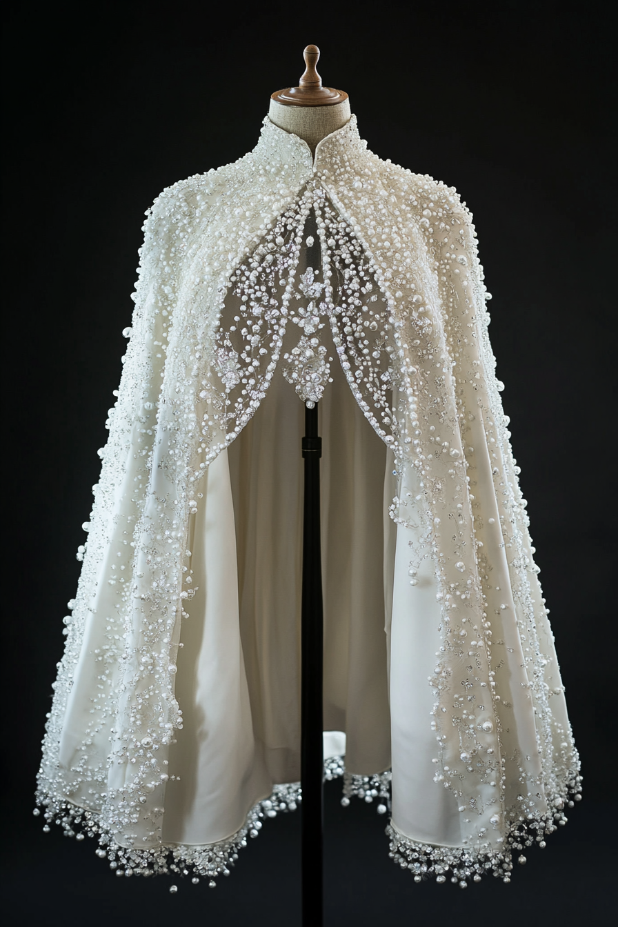 Wedding cape. Shimmering white Pearl-encrusted with ice crystal details.